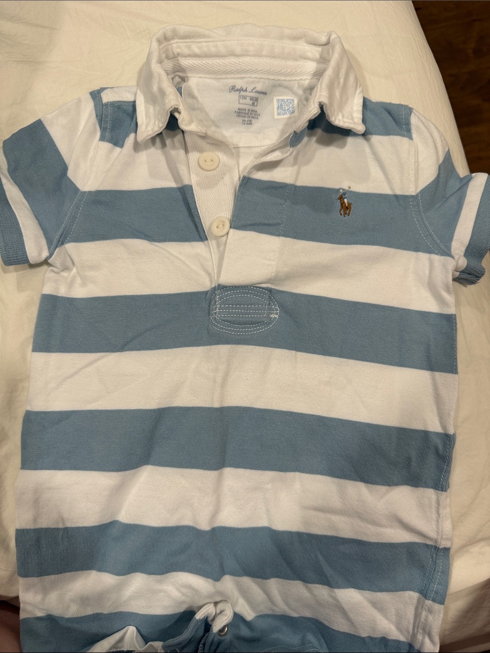 Ralph Lauren Baby Blue & White Striped Polo Romper